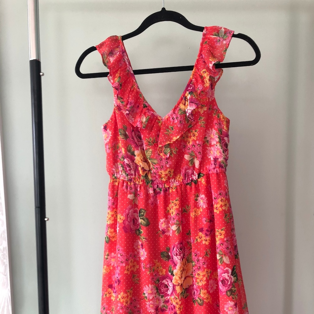 Pink Floral Dress with White Polka Dots